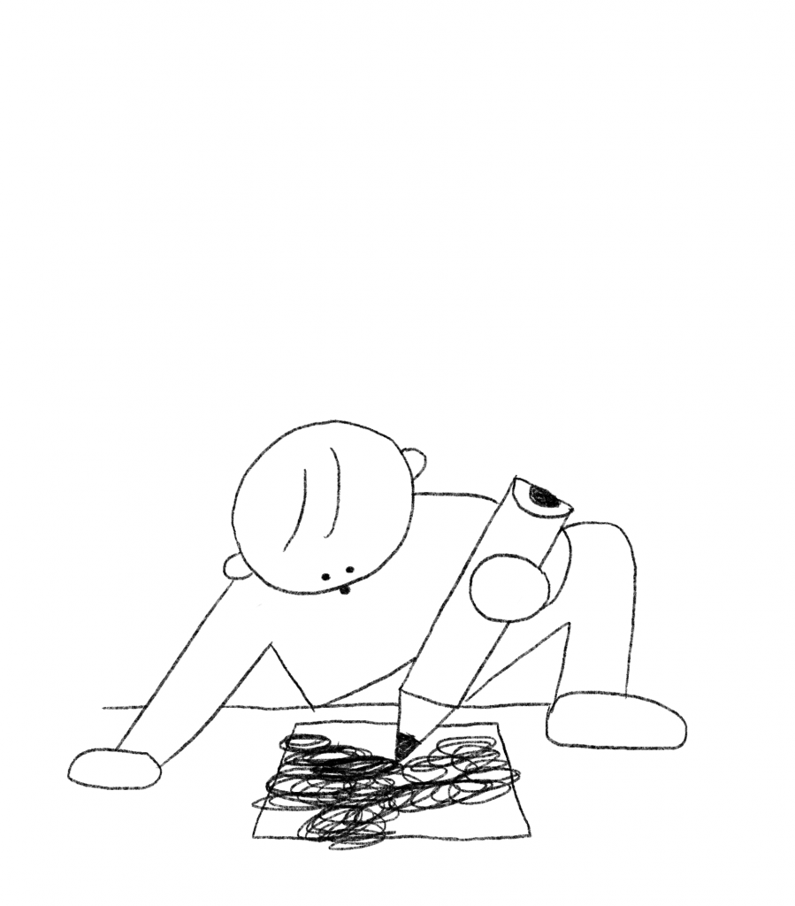 The student starts to climb onto the table to draw.