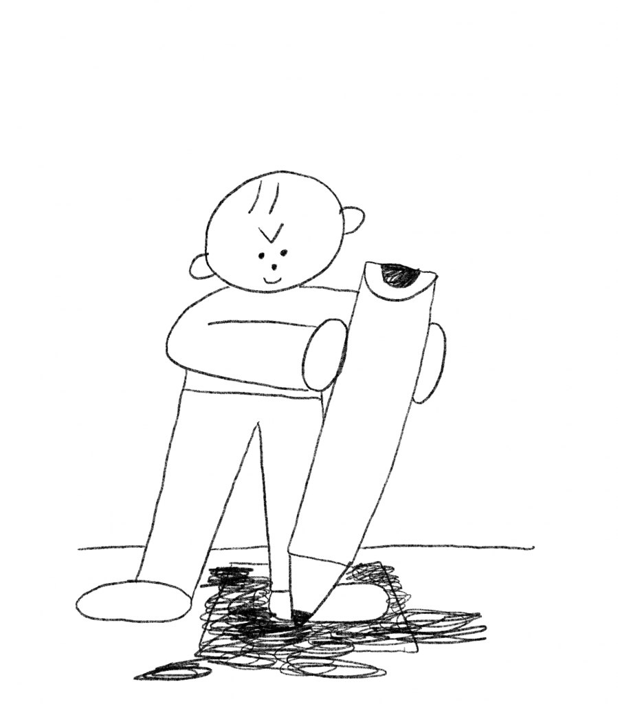 The student draws with a giant pencil.
